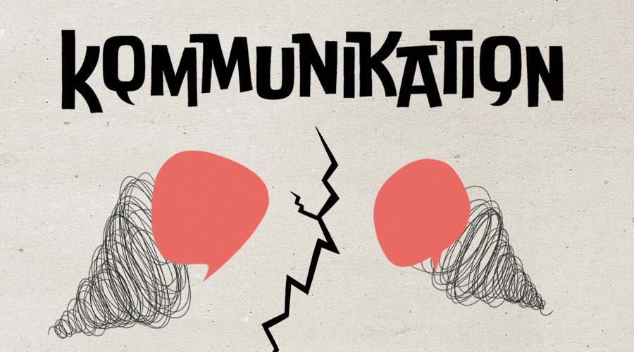 Illustration af brudt kommunikation i parforholdet med talebobler og konflikt mellem to personer.