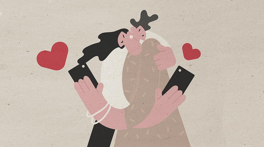 Illustration af to personer med mobiltelefoner, som symbol på utroskab og dobbeltliv.