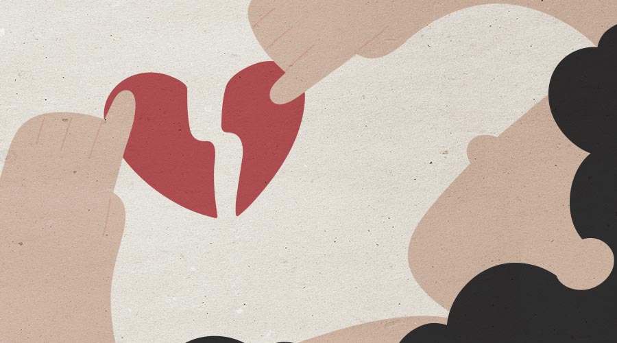 Illustration af et knust hjerte, der skilles ad af to hænder – symbol på affære og brudt tillid.