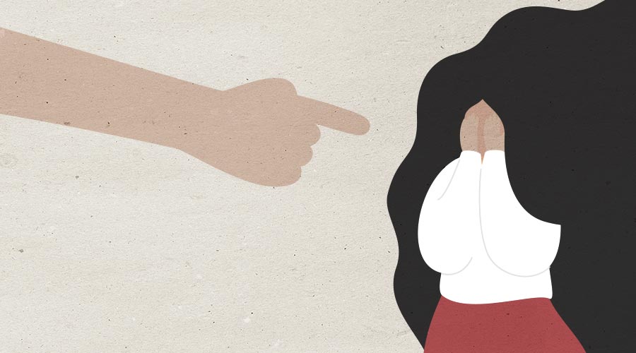 Illustration af en person, der bliver peget på og ser nedtrykt ud – symbol på en kæreste, der retter på dig.