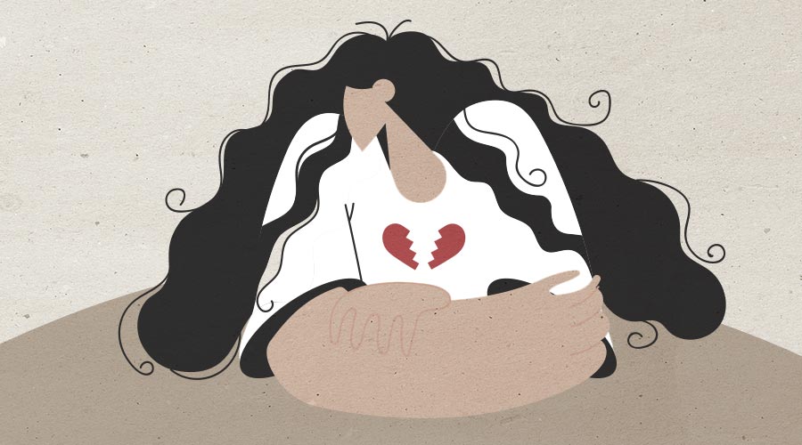 Illustration af person med knust hjerte, der holder om sig selv – symbol på at turde elske igen efter utroskab.