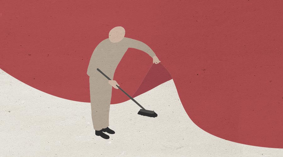 Illustration det viser en der fejer under gulvtæppet som symboliserer at det kan være svært at tale om sex i parforholdet